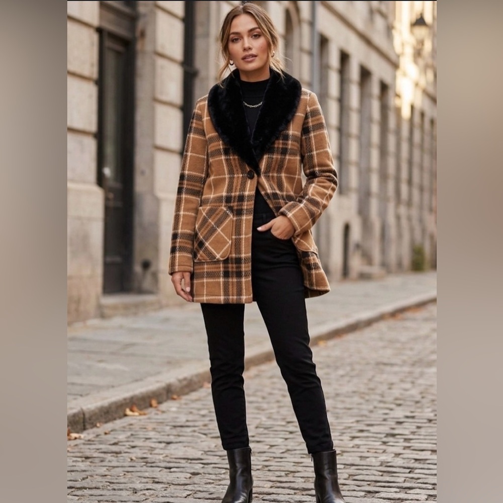 Inspired Plaid Coat with Faux Fur Collar - Camel & Black , Ellen Reyes